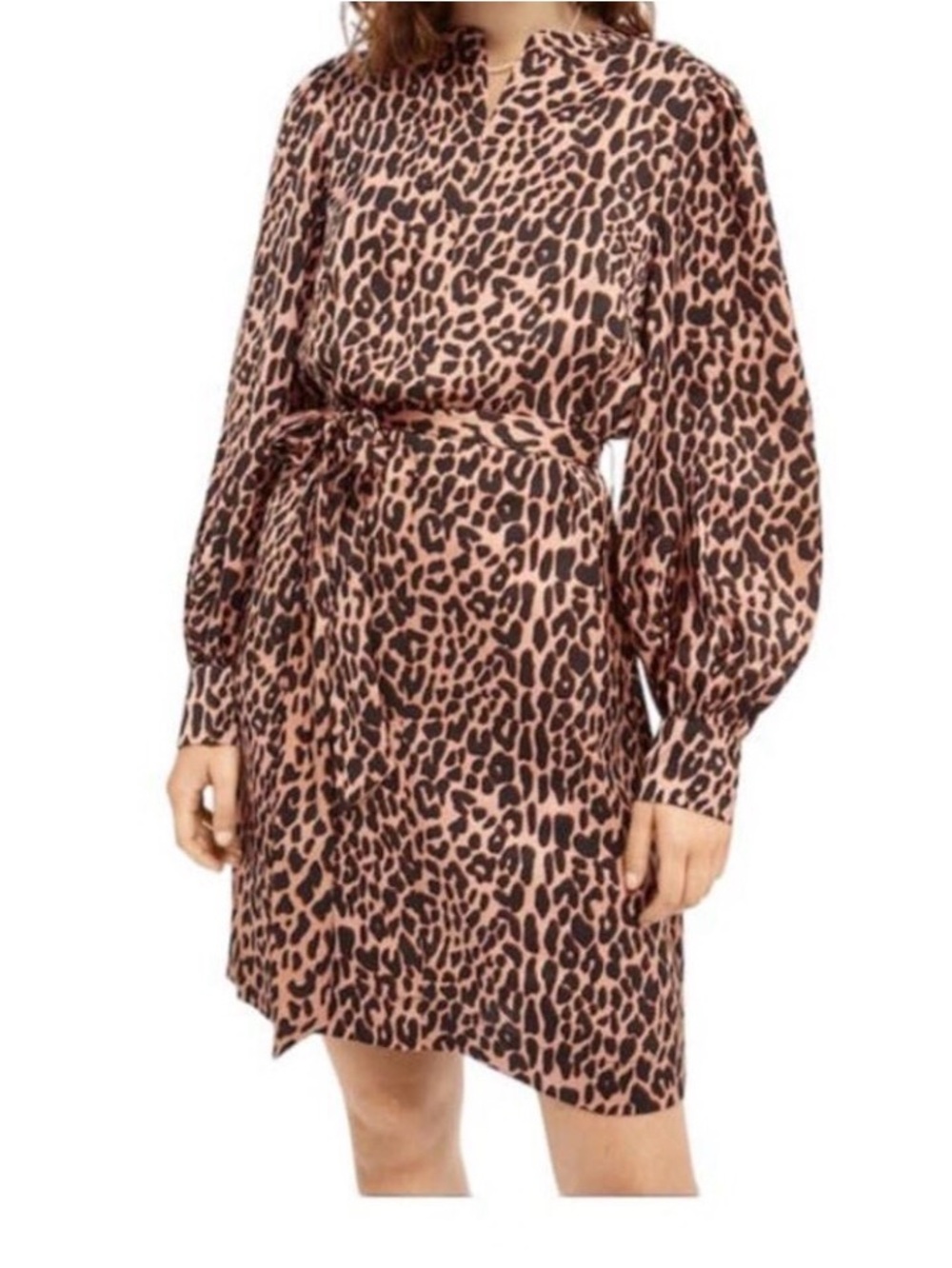 Scotch & Soda XS Animal Print Long Sleeve Tie-Waist Dress - Black & Coral